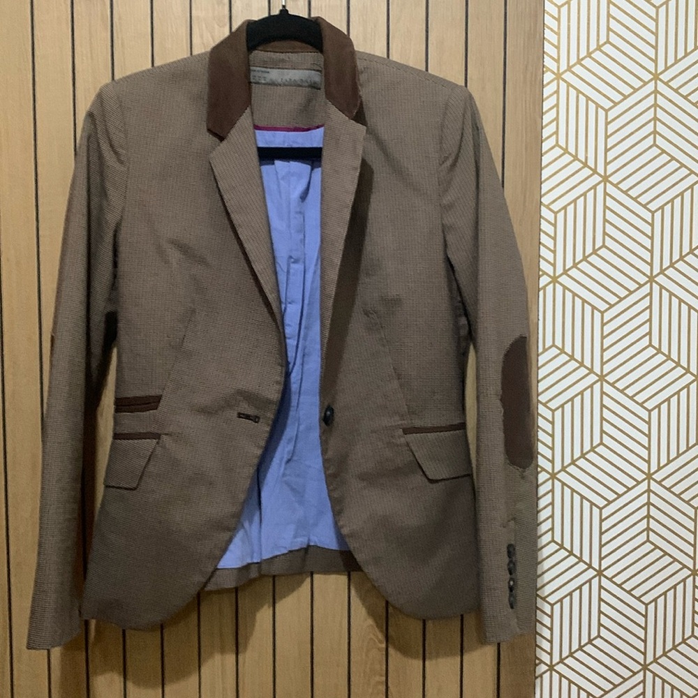 Zara brown houndstooth tweed blazer